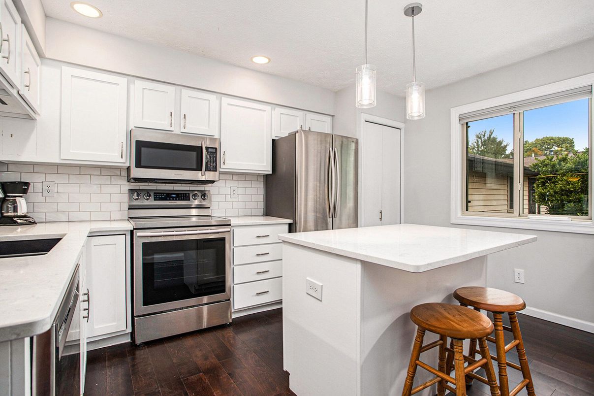 Interior, Kitchen, Pendant Lights, Recessed Lighting, Stainless Steel Appliances, Wood Texture Flooring