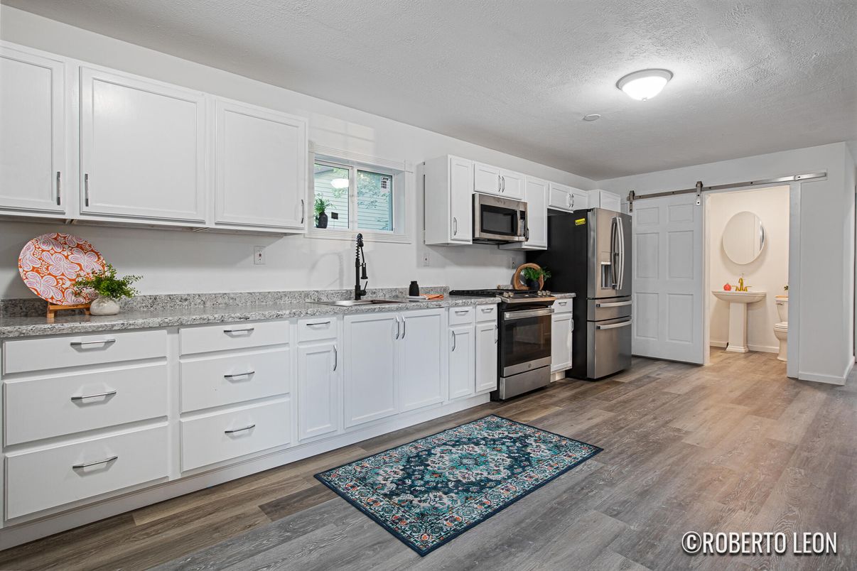 Interior, Kitchen, Stainless Steel Appliances, Wood Texture Flooring
