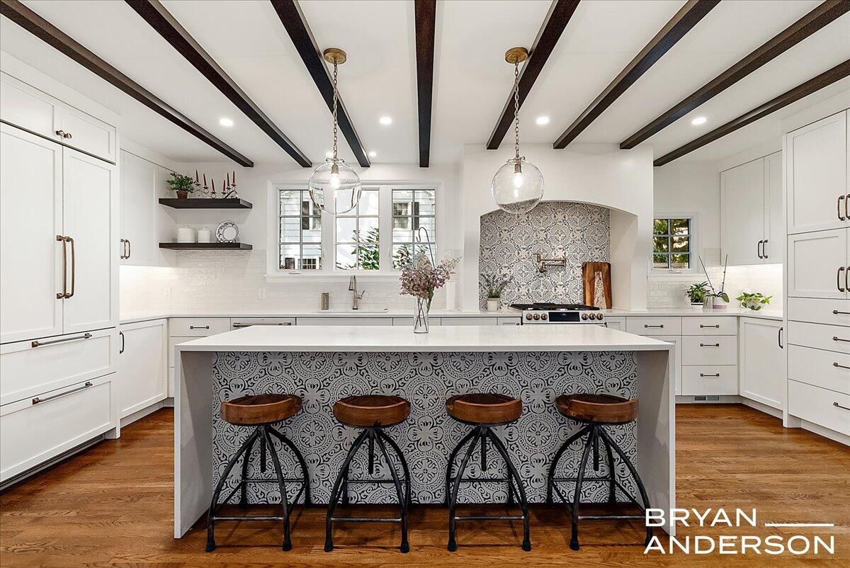 Interior, Kitchen, Pendant Lights, Recessed Lighting, Stainless Steel Appliances, Wooden Beams, Wood Texture Flooring