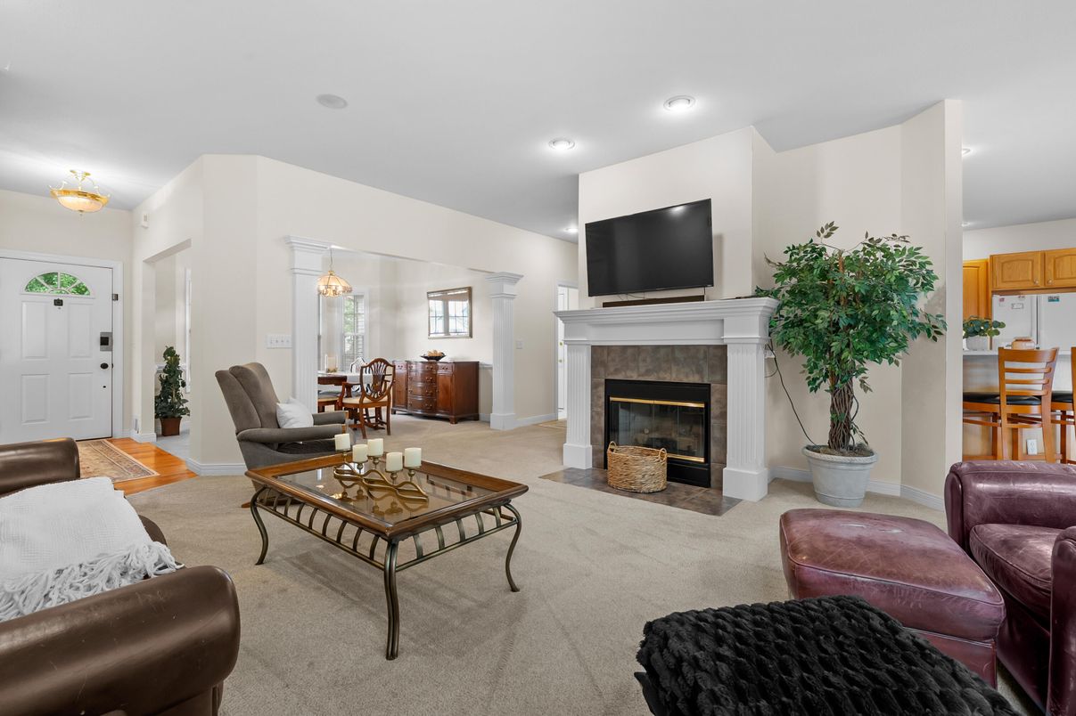 Dining room, Fireplace, Interior, Living room, Pendant Lights, Recessed Lighting