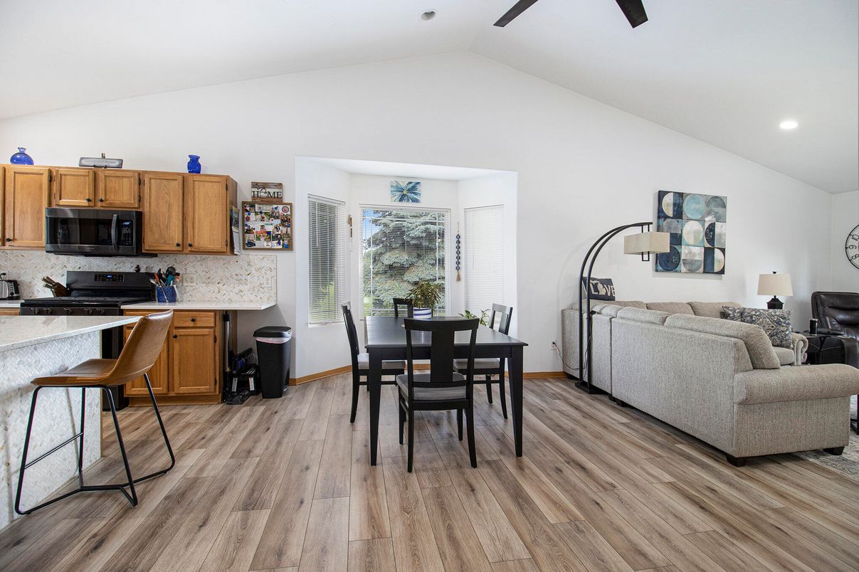 Dining room, Interior, Kitchen, Living room, Recessed Lighting, Wood Texture Flooring