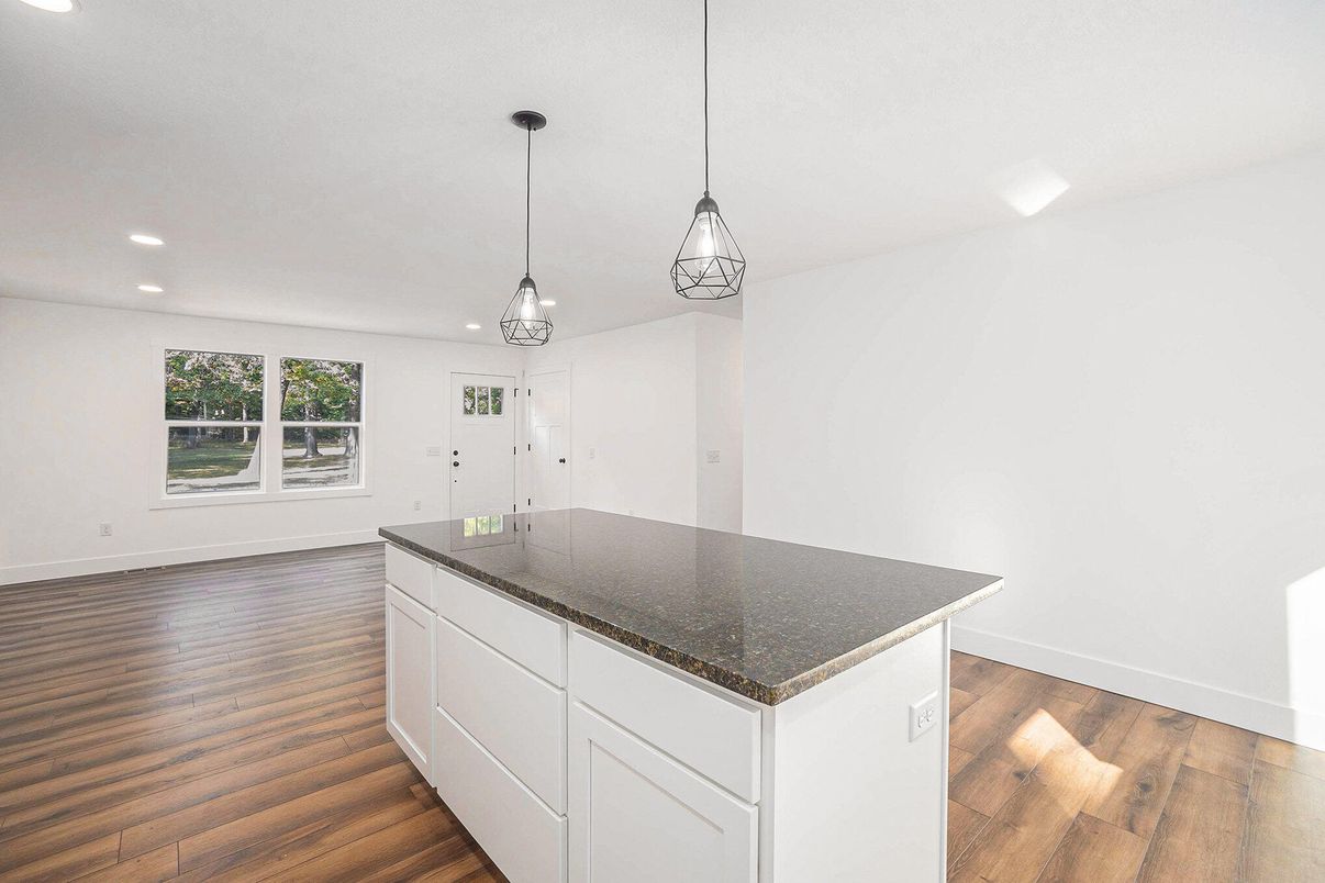 Empty room, Interior, Kitchen, Pendant Lights, Recessed Lighting, Wood Texture Flooring