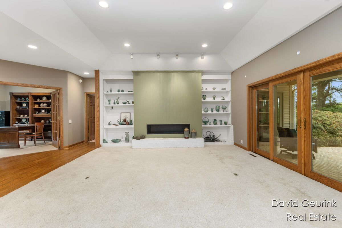 Fireplace, Home Office, Interior, Recessed Lighting, Wood Texture Flooring