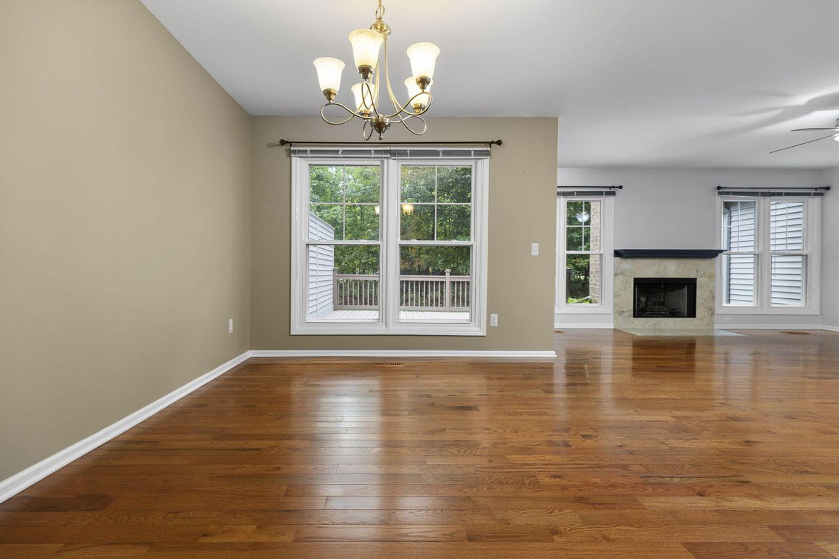 Chandelier, Empty room, Fireplace, Interior, Wood Texture Flooring