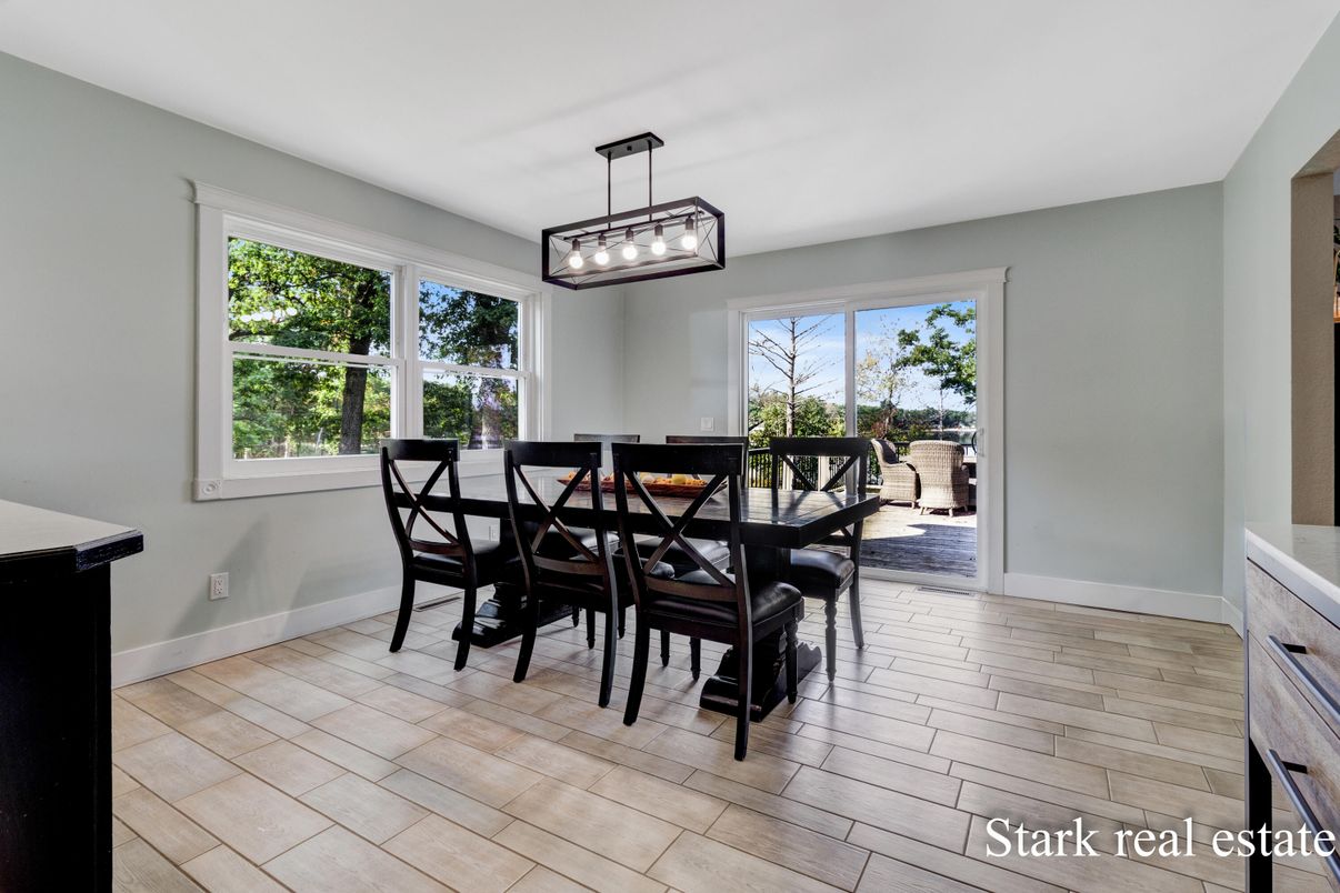 Dining room, Interior, Pendant Lights, Wood Texture Flooring