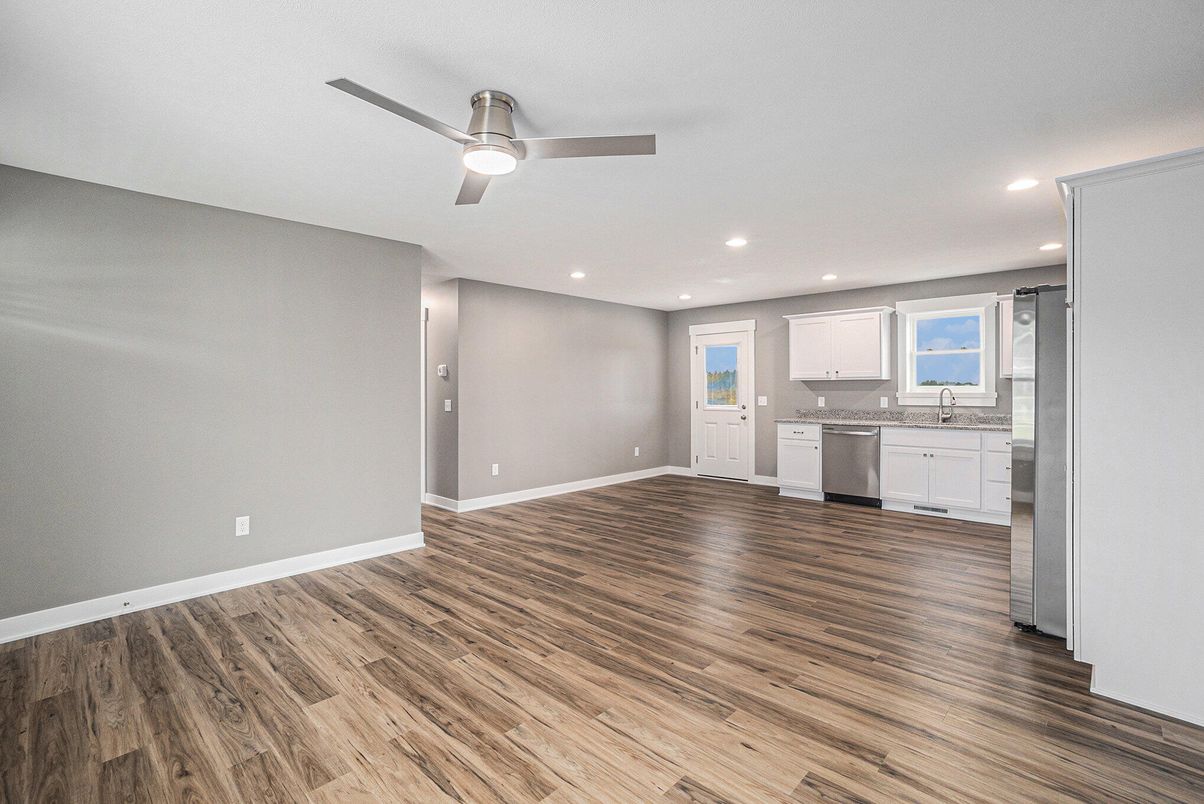 Empty room, Interior, Kitchen, Recessed Lighting, Wood Texture Flooring