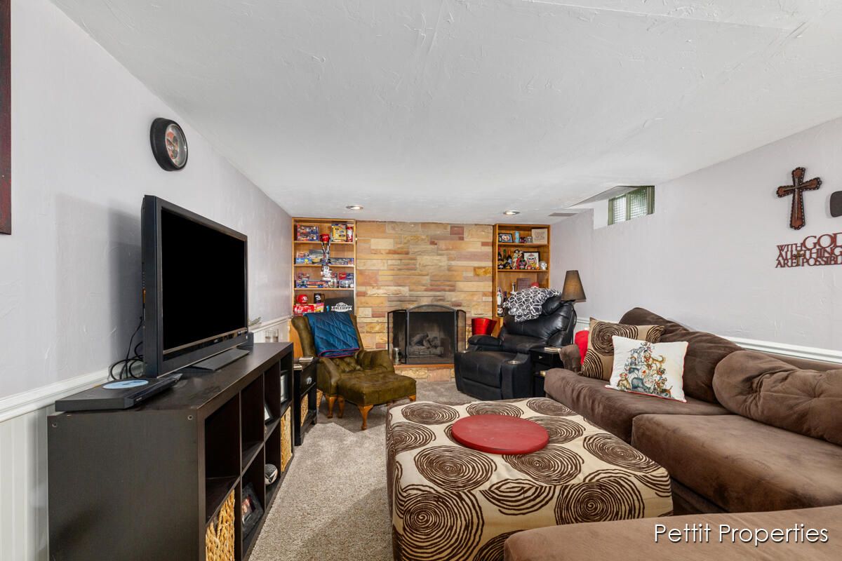 Fireplace, Interior, Living room, Recessed Lighting, Stone Walls
