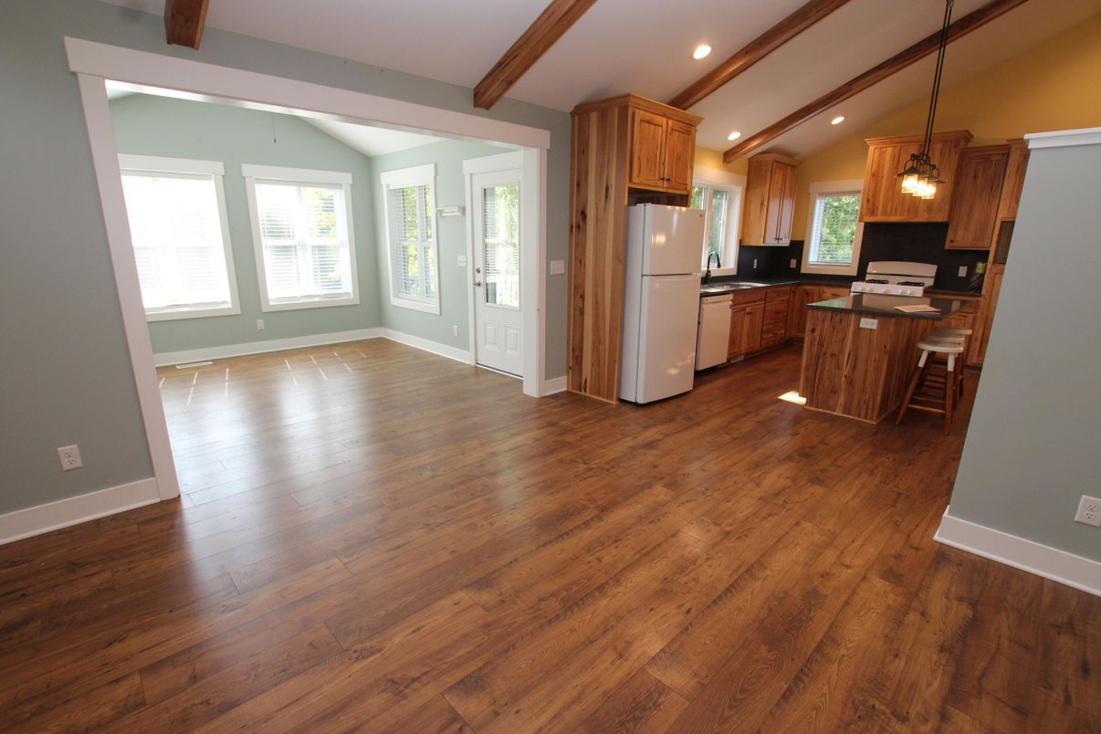 Interior, Kitchen, Pendant Lights, Recessed Lighting, Wooden Beams, Wood Texture Flooring