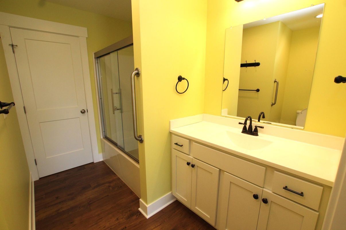 Bathroom, Glass Shower, Interior, Wood Texture Flooring