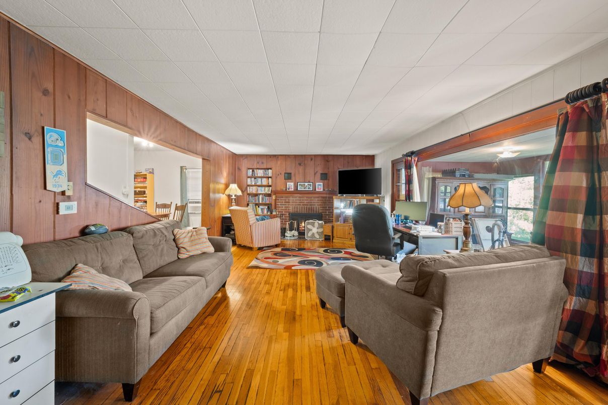 Fireplace, Interior, Living room, Wood Texture Flooring, Wooden Walls