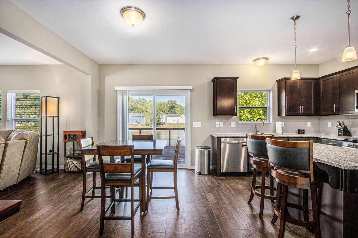 Dining room, Interior, Kitchen, Pendant Lights, Wood Texture Flooring
