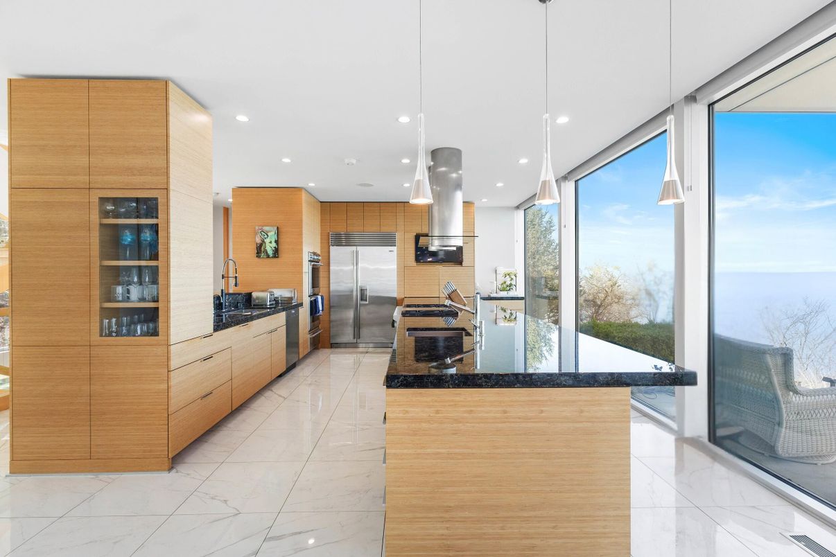 Interior, Kitchen, Marble, Pendant Lights, Recessed Lighting, Stainless Steel Appliances, Water
