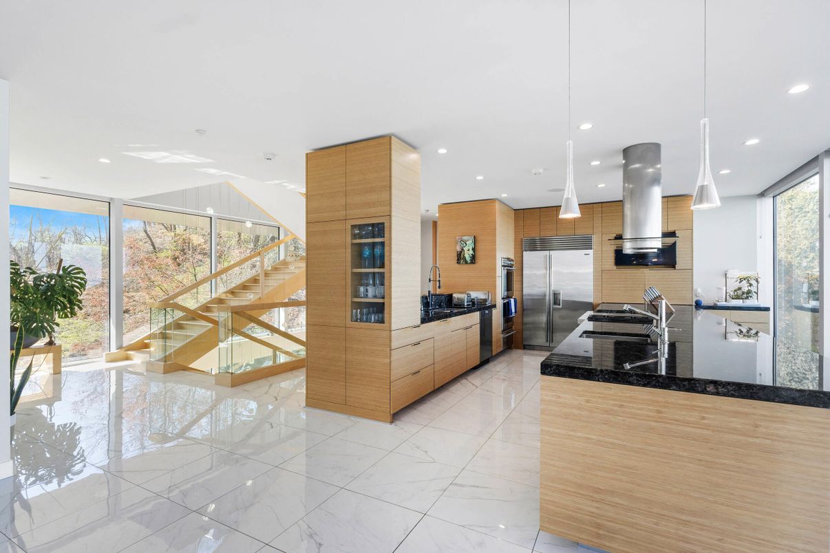 Interior, Kitchen, Marble, Pendant Lights, Recessed Lighting, Stainless Steel Appliances