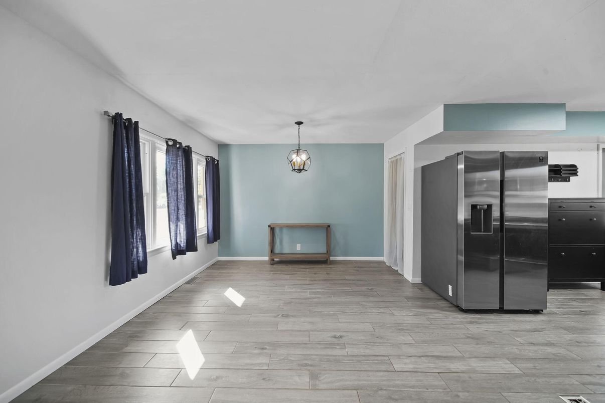 Chandelier, Empty room, Interior, Pendant Lights, Stainless Steel Appliances, Wood Texture Flooring