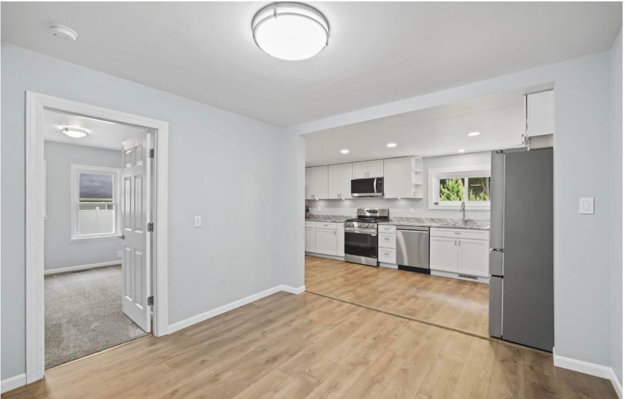 Interior, Kitchen, Recessed Lighting, Stainless Steel Appliances, Wood Texture Flooring