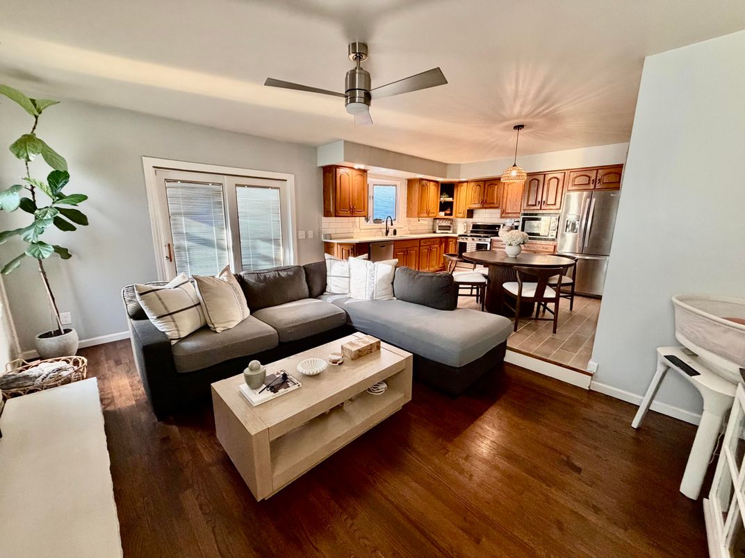 Dining room, Interior, Kitchen, Living room, Pendant Lights, Stainless Steel Appliances, Wood Texture Flooring