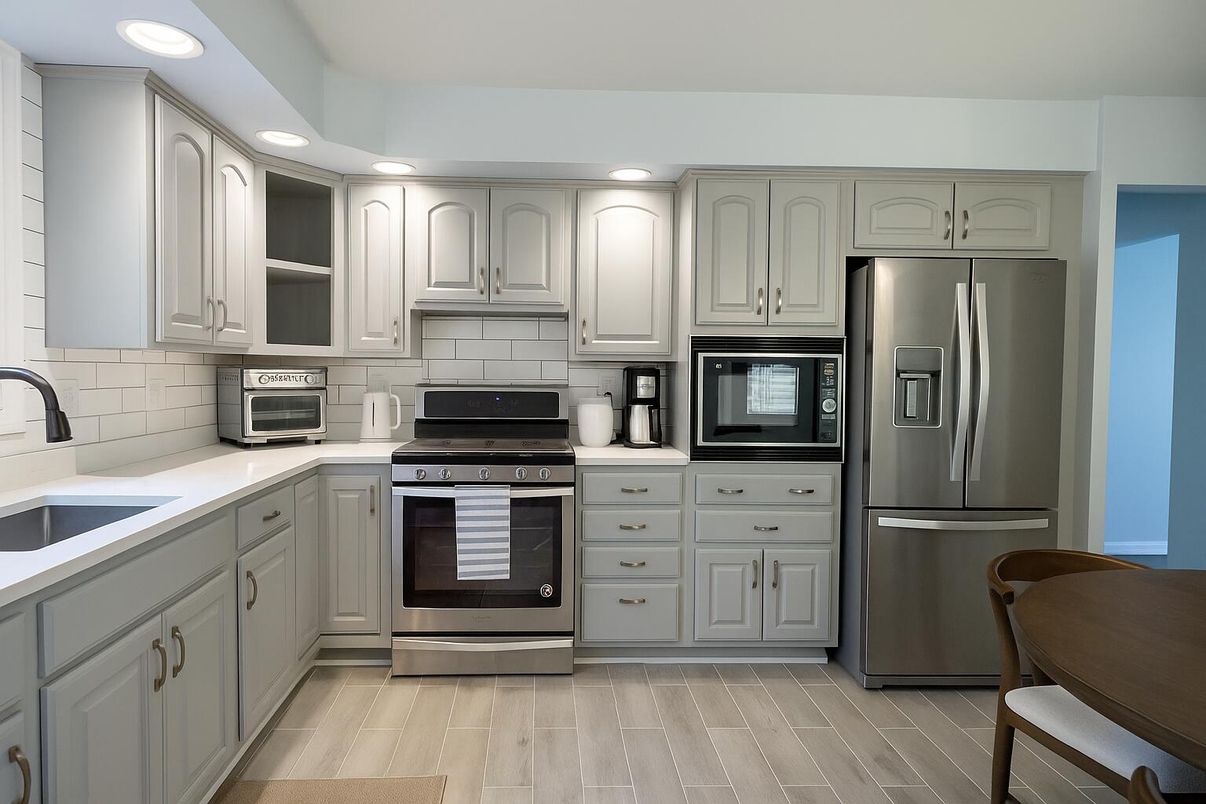 Interior, Kitchen, Recessed Lighting, Stainless Steel Appliances, Wood Texture Flooring