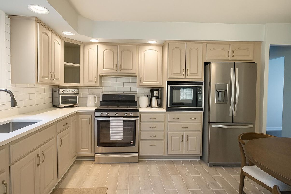 Interior, Kitchen, Recessed Lighting, Stainless Steel Appliances, Wood Texture Flooring