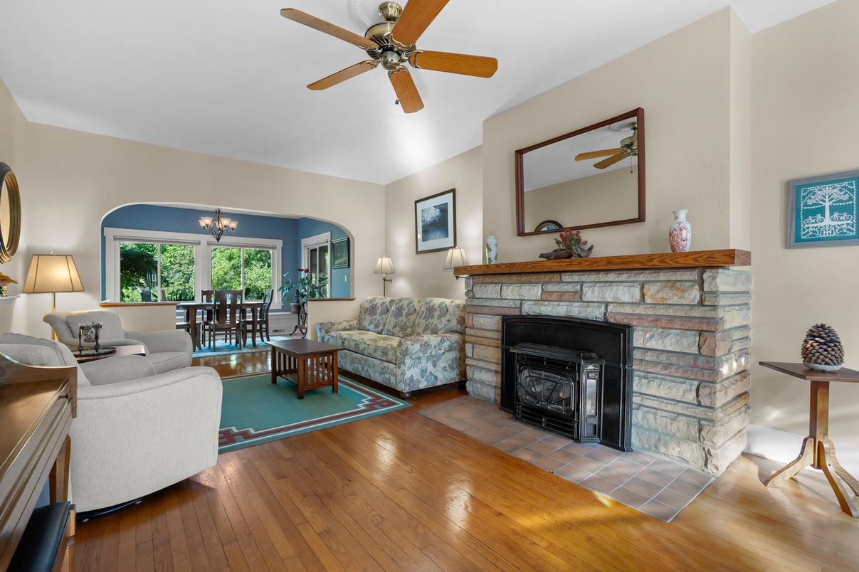 Dining room, Fireplace, Interior, Living room, Wood Texture Flooring