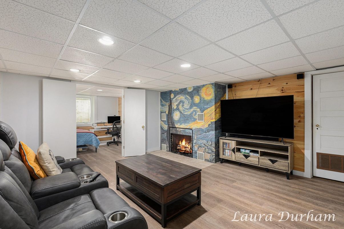 Fireplace, Interior, Living room, Recessed Lighting, Wood Texture Flooring, Wooden Walls