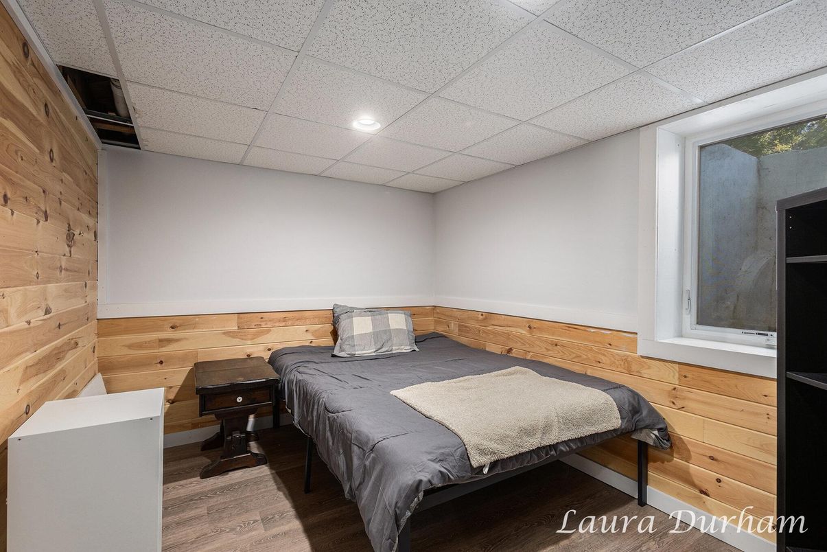 Bedroom, Interior, Recessed Lighting, Wood Texture Flooring, Wooden Walls