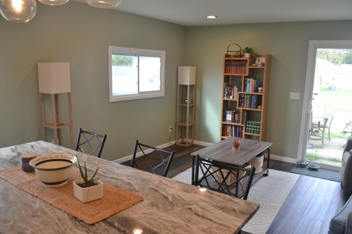 Dining room, Interior, Recessed Lighting, Wood Texture Flooring