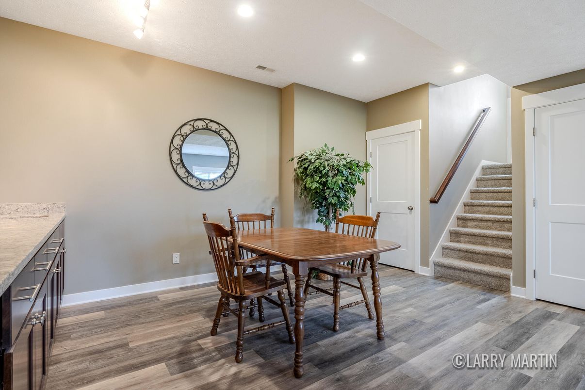 Dining room, Interior, Recessed Lighting, Wood Texture Flooring