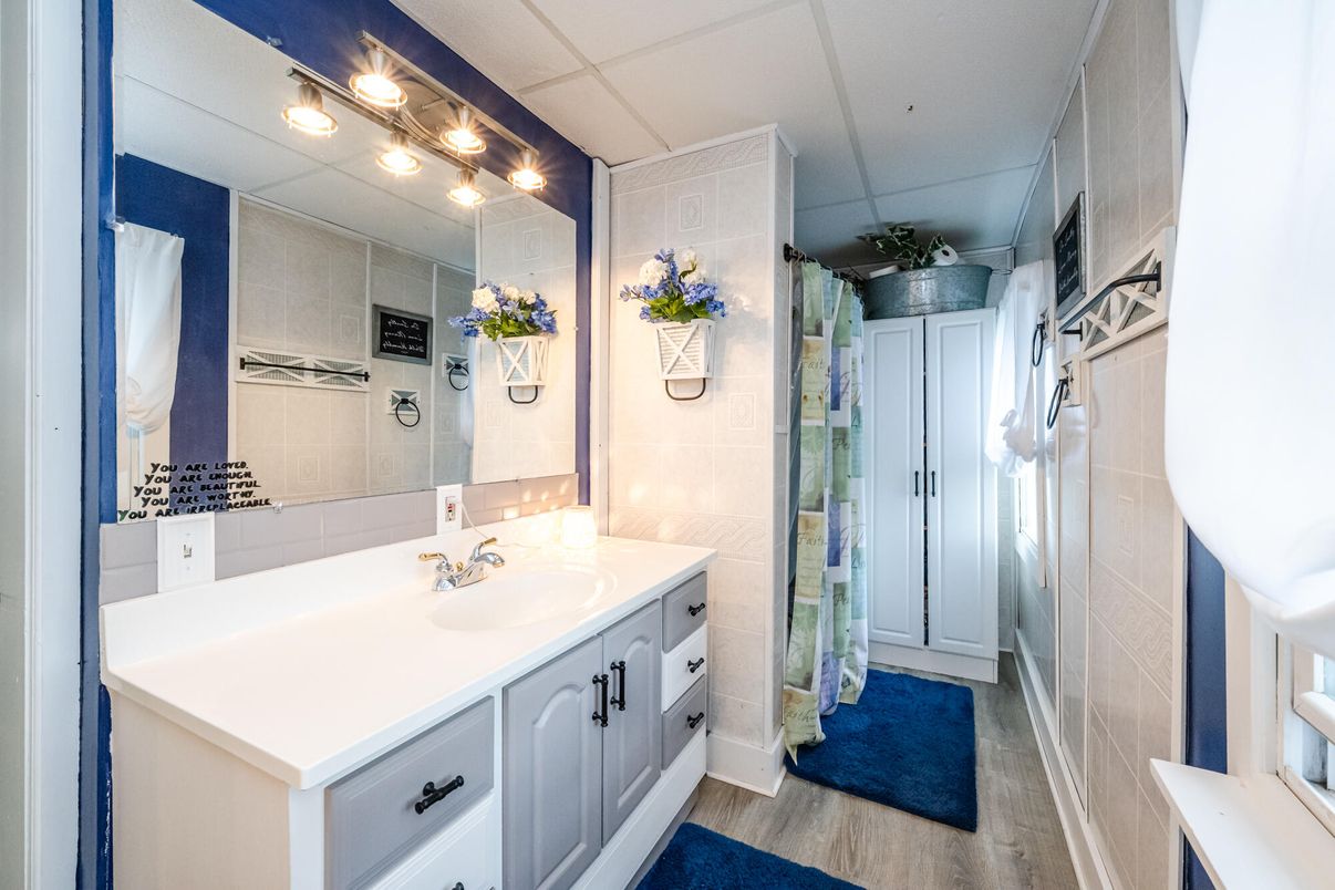 Bathroom, Glass Shower, Interior, Wood Texture Flooring