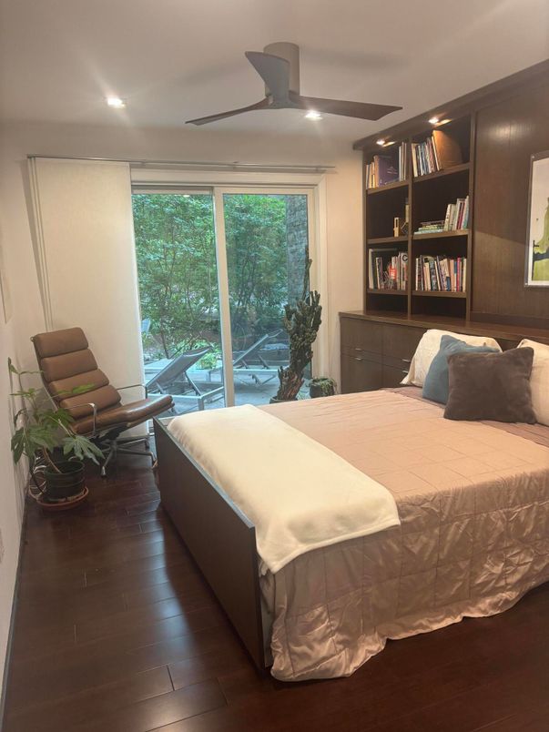 Bedroom, Interior, Recessed Lighting, Wood Texture Flooring