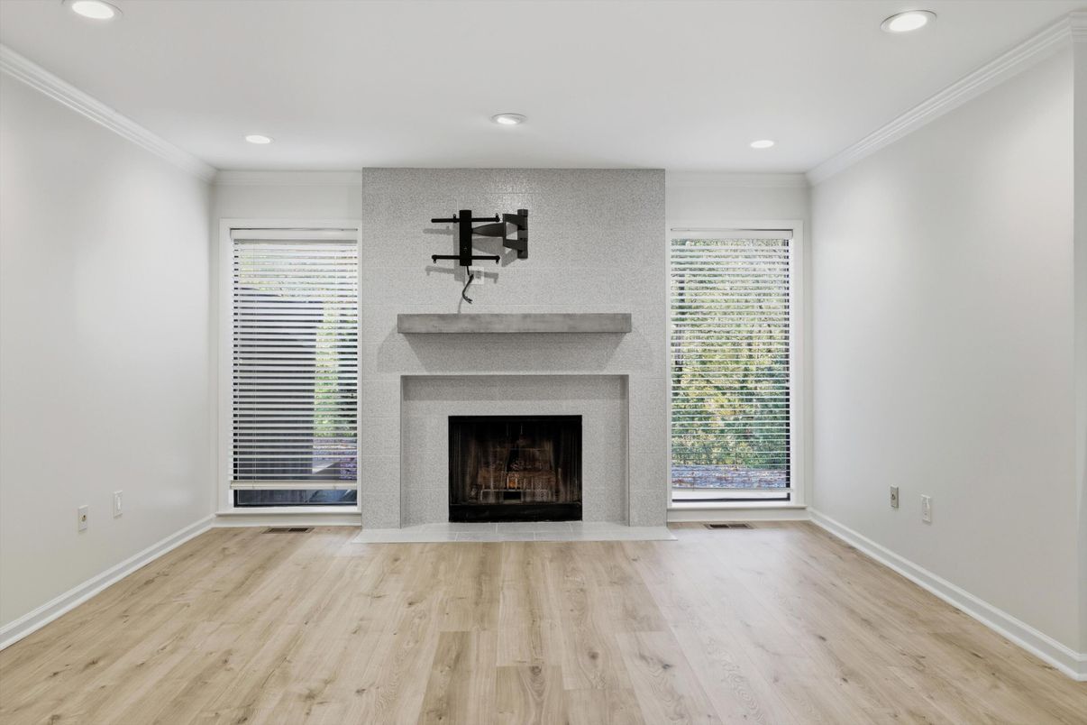 Empty room, Fireplace, Interior, Recessed Lighting, Wood Texture Flooring