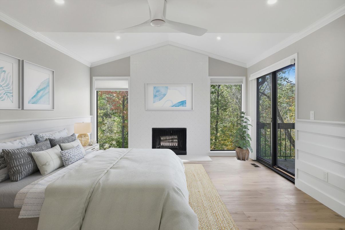 Bedroom, Fireplace, Interior, Recessed Lighting, Wood Texture Flooring