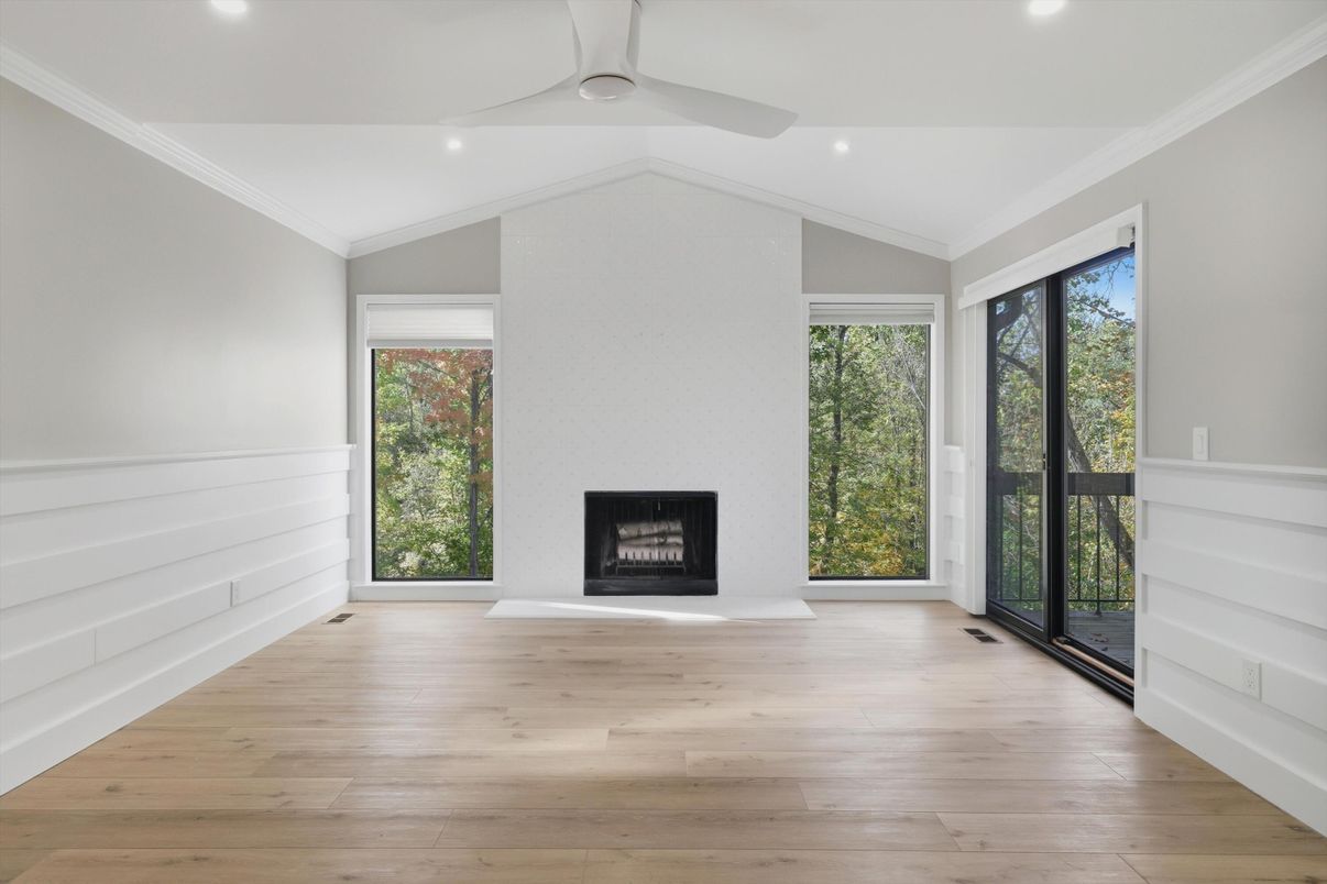 Empty room, Fireplace, Interior, Recessed Lighting, Wood Texture Flooring