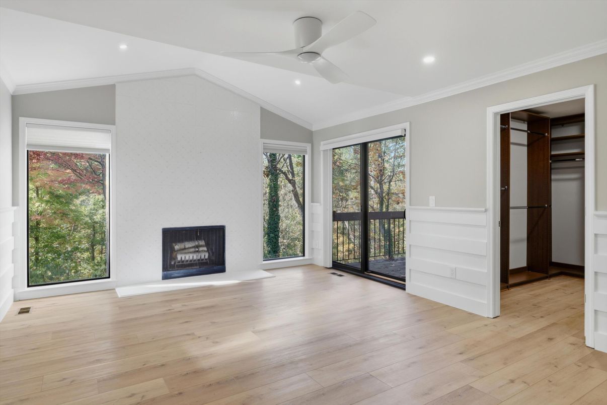 Empty room, Fireplace, Interior, Recessed Lighting, Wood Texture Flooring