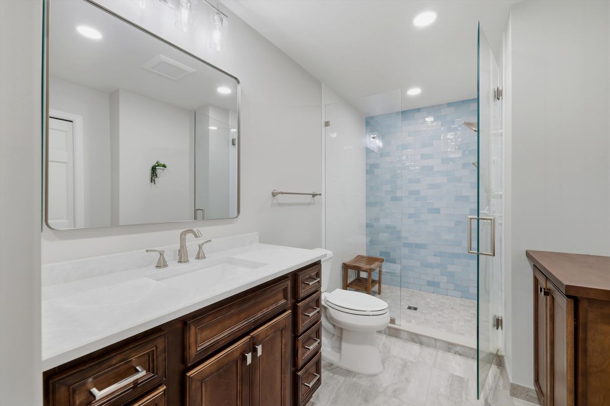 Bathroom, Glass Shower, Interior, Marble, Recessed Lighting