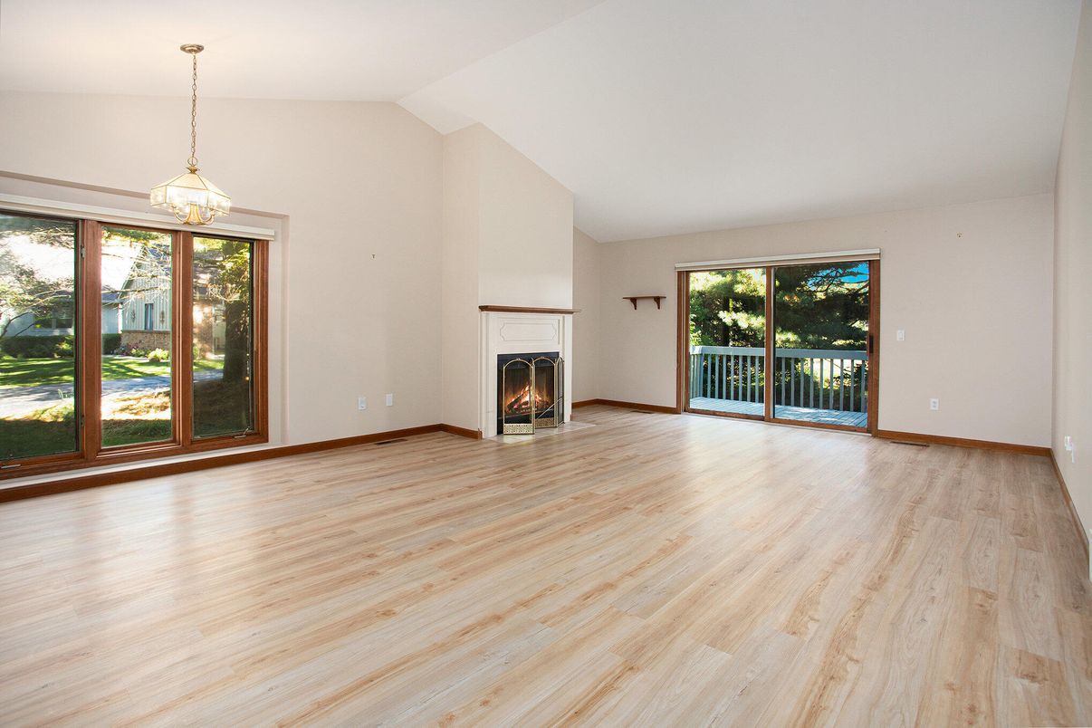 Empty room, Fireplace, Interior, Pendant Lights, Wood Texture Flooring