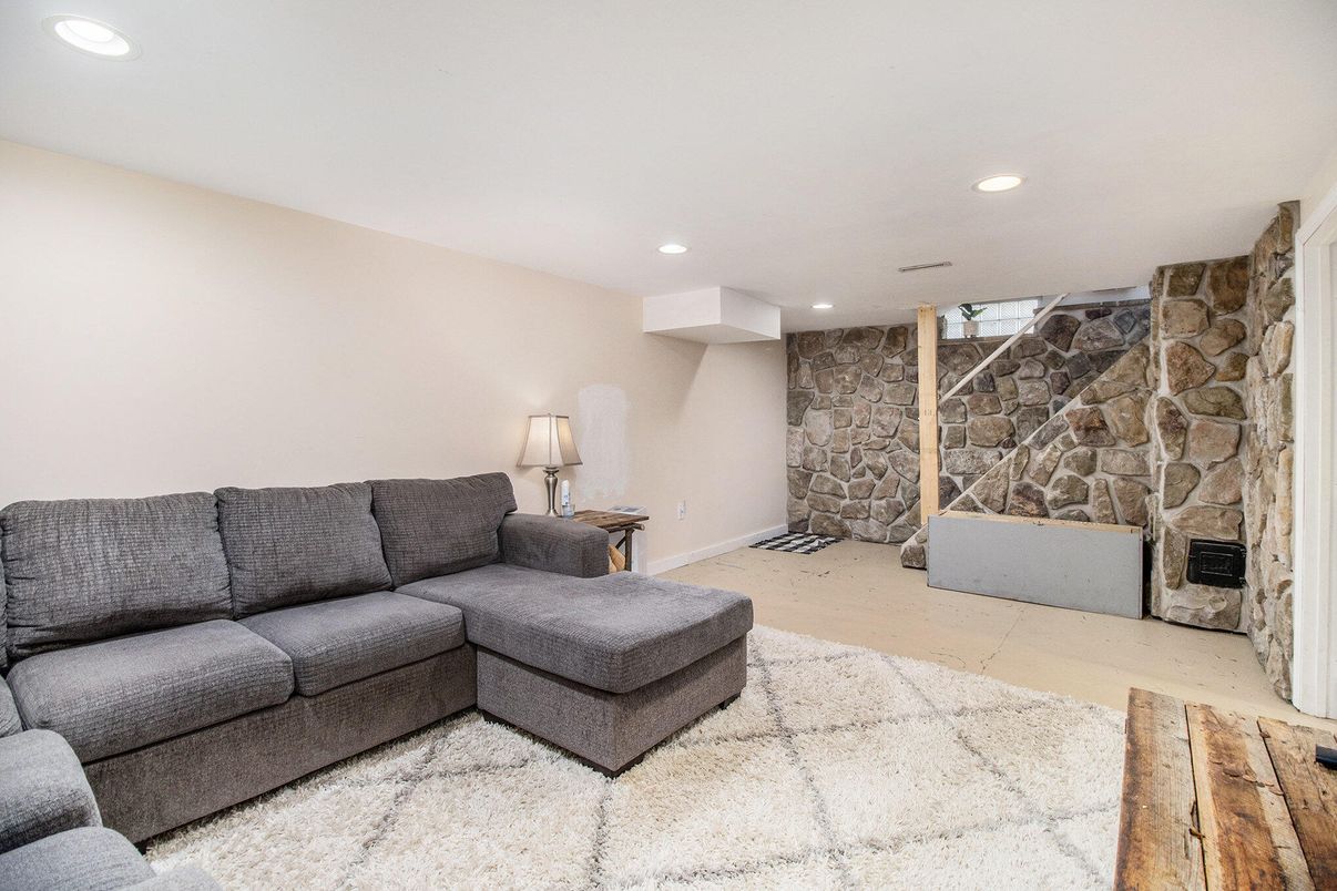 Fireplace, Interior, Living room, Recessed Lighting, Stone Walls