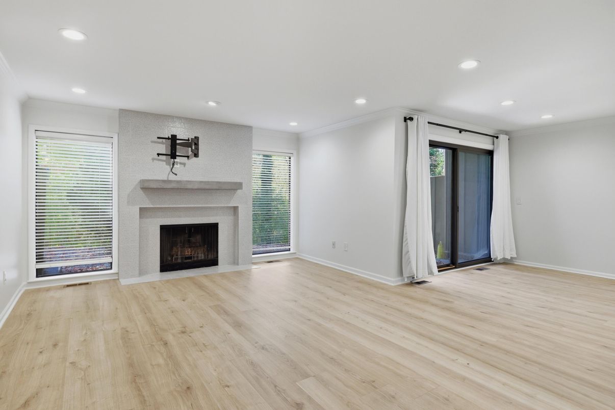 Empty room, Fireplace, Interior, Recessed Lighting, Wood Texture Flooring