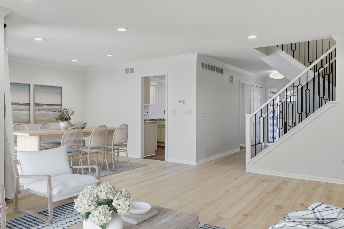 Dining room, Interior, Recessed Lighting, Wood Texture Flooring