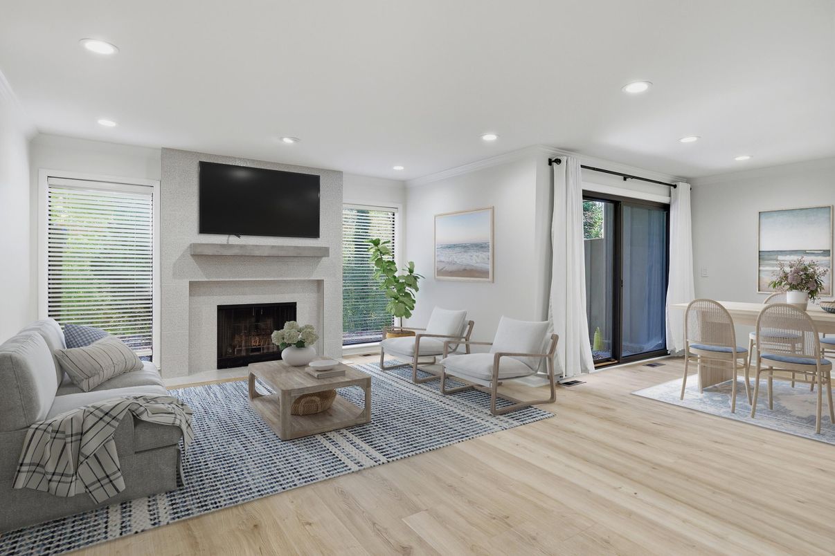 Dining room, Fireplace, Interior, Living room, Recessed Lighting, Wood Texture Flooring