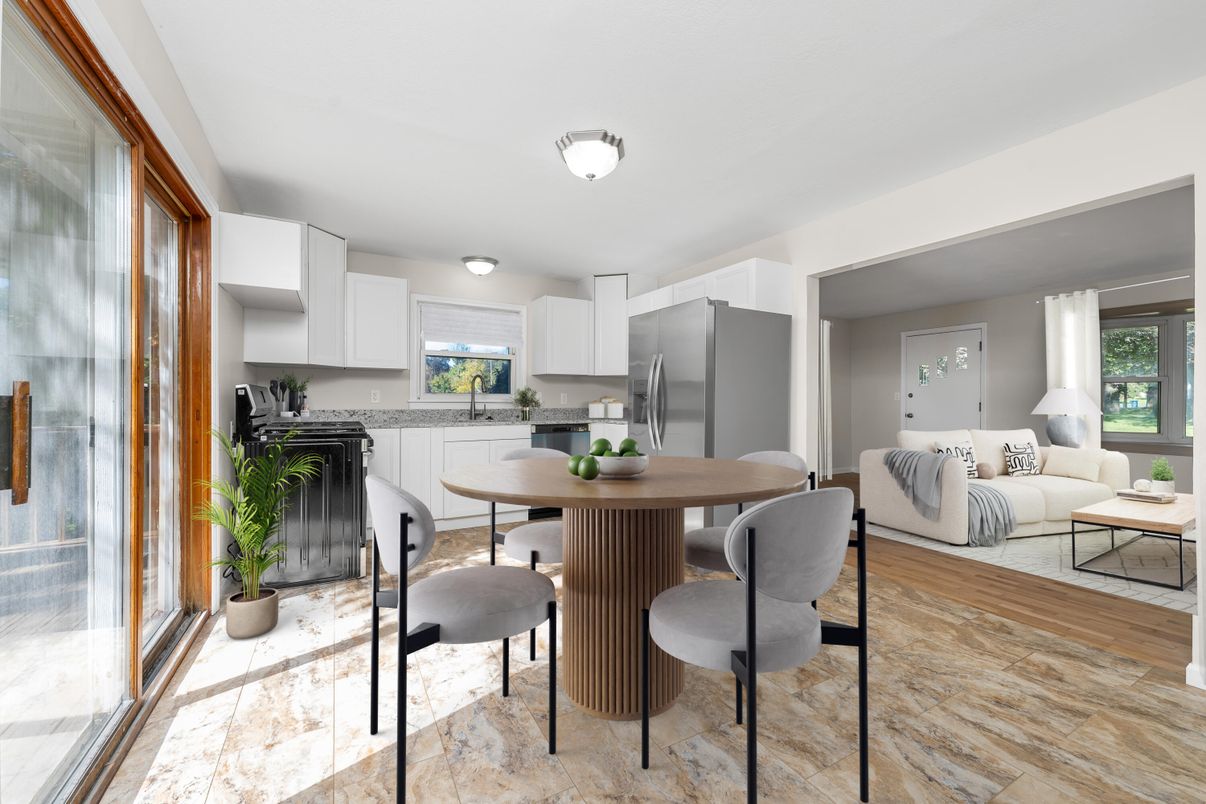 Dining room, Interior, Kitchen, Living room, Stainless Steel Appliances, Wood Texture Flooring