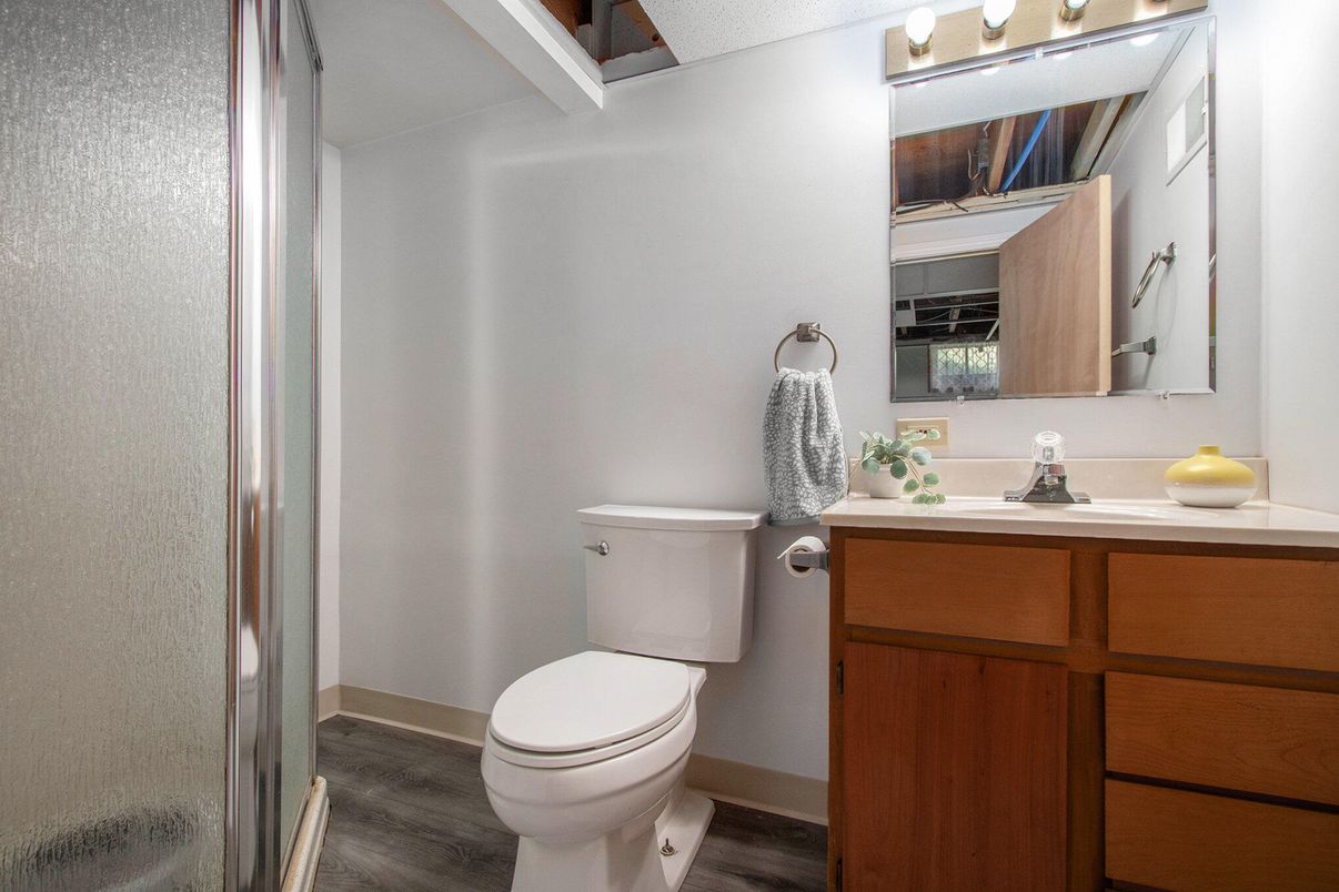 Bathroom, Glass Shower, Interior, Wood Texture Flooring