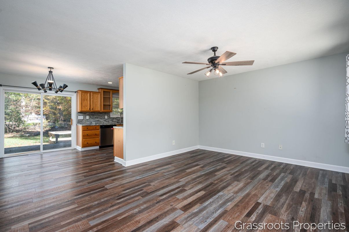 Empty room, Interior, Kitchen, Pendant Lights, Recessed Lighting, Wood Texture Flooring