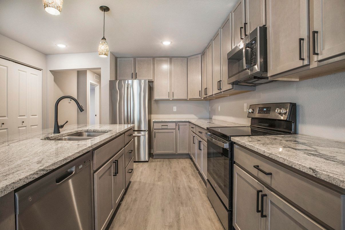 Interior, Kitchen, Pendant Lights, Recessed Lighting, Stainless Steel Appliances, Wood Texture Flooring