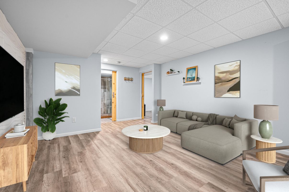 Interior, Living room, Recessed Lighting, Wood Texture Flooring