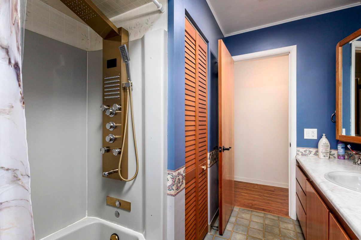 Bathroom, Dual Sink Vanities, Interior, Tile Countertops, Wood Texture Flooring