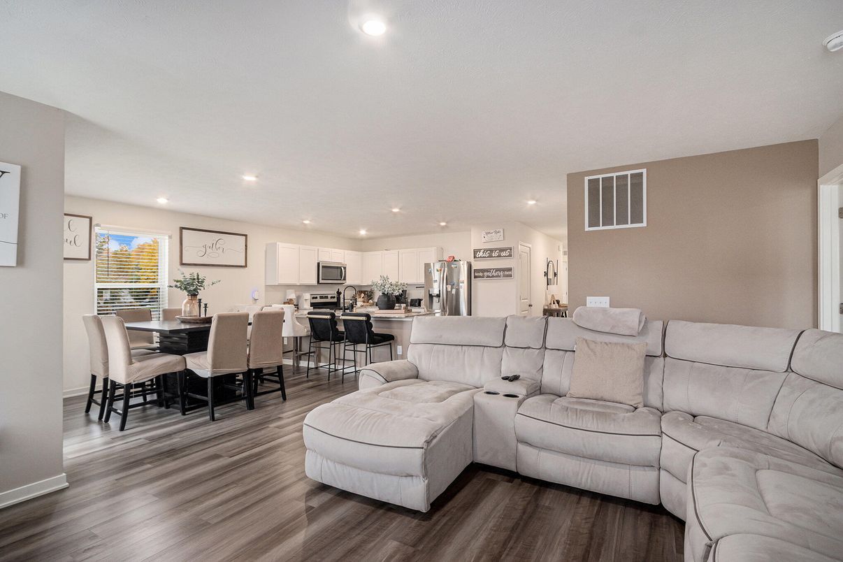 Dining room, Interior, Kitchen, Living room, Recessed Lighting, Stainless Steel Appliances, Wood Texture Flooring