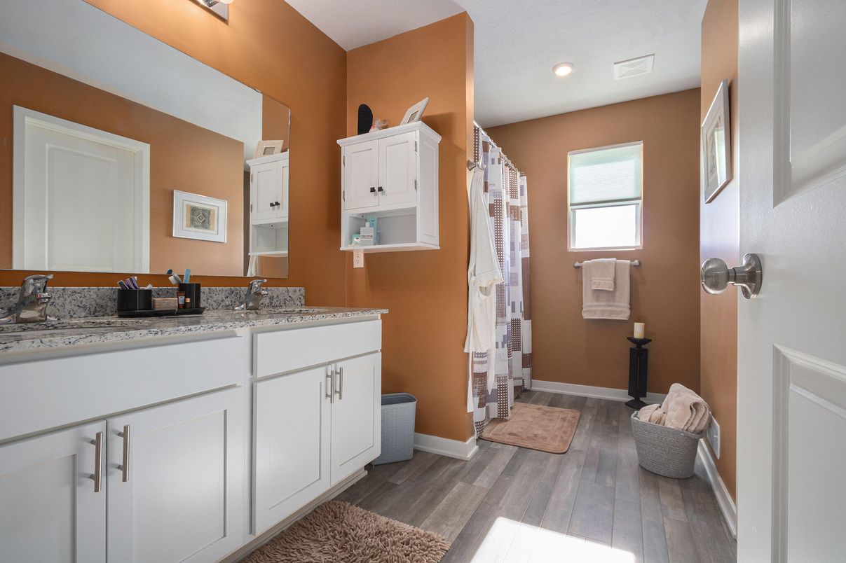Bathroom, Dual Sink Vanities, Interior, Recessed Lighting, Wood Texture Flooring