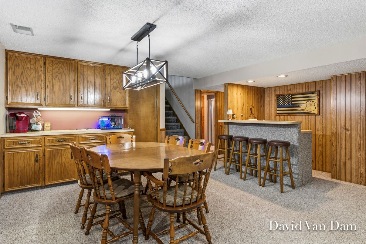 Dining room, Interior, Pendant Lights, Recessed Lighting, Wooden Walls