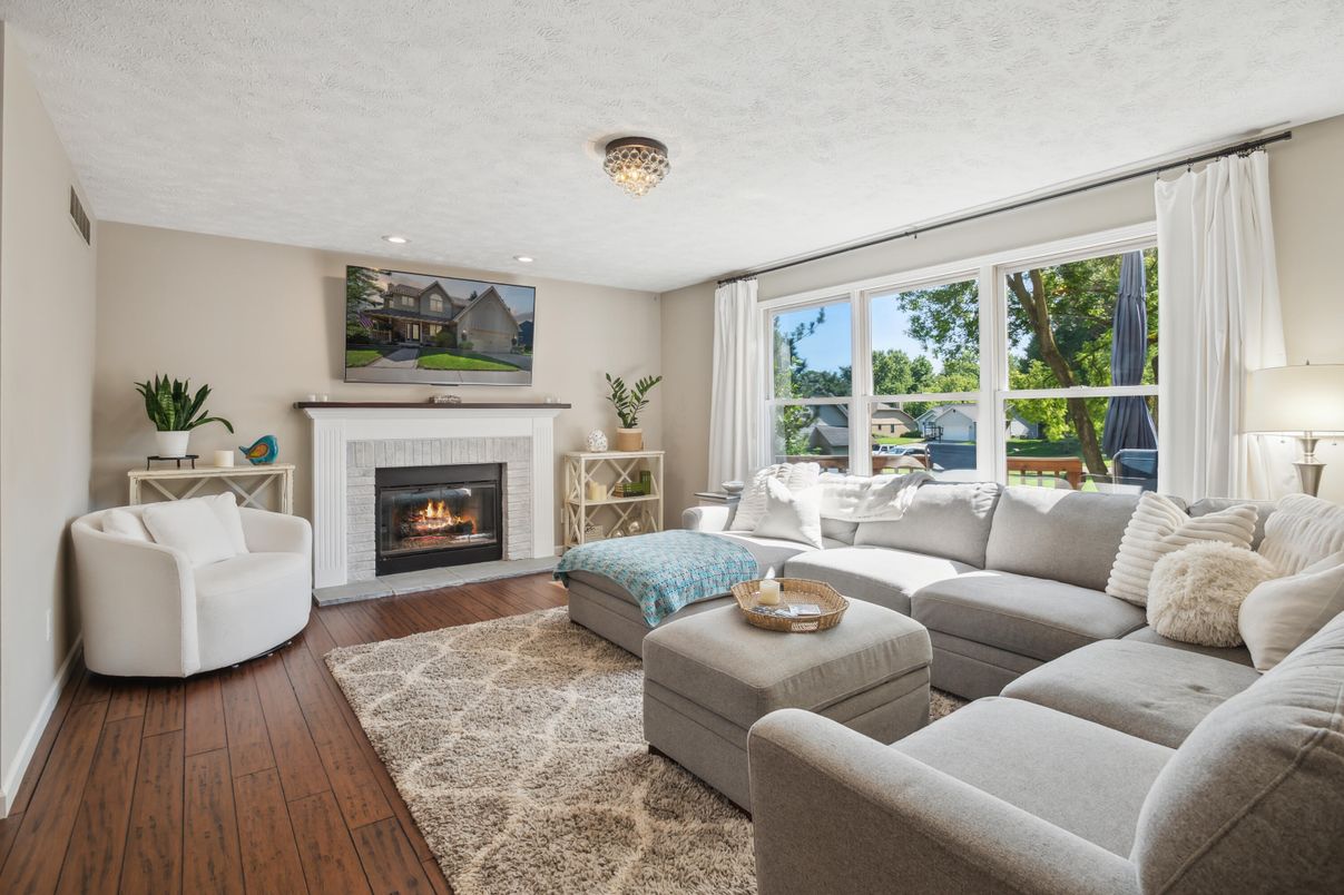 Fireplace, Interior, Living room, Recessed Lighting, Wood Texture Flooring