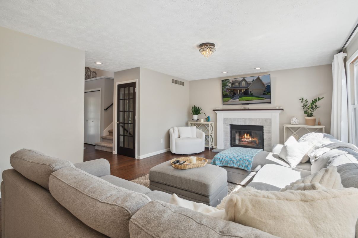 Fireplace, Interior, Living room, Recessed Lighting, Wood Texture Flooring